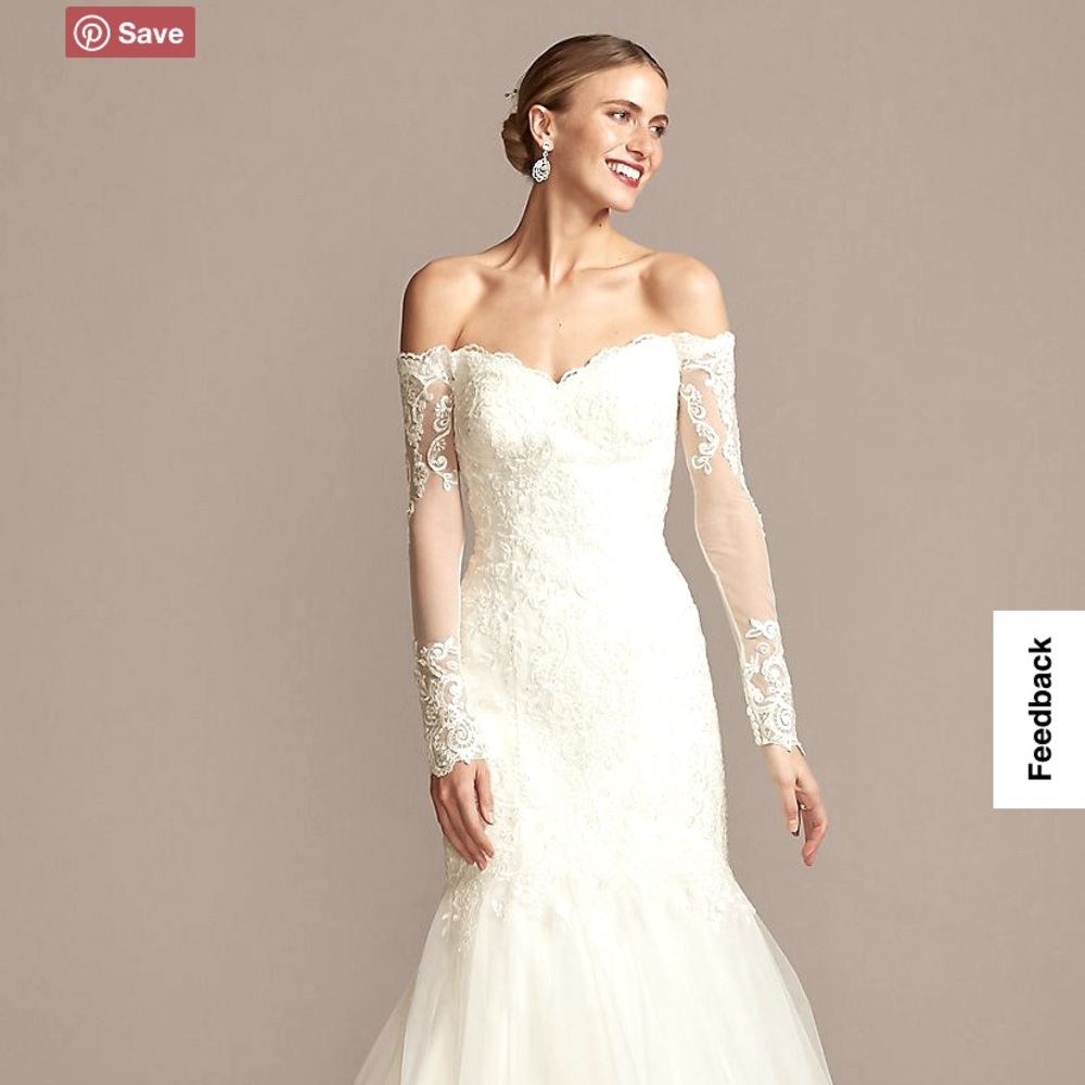 David's Bridal Ivory Off-the-Shoulder Lace Long Sleeve Wedding Dress